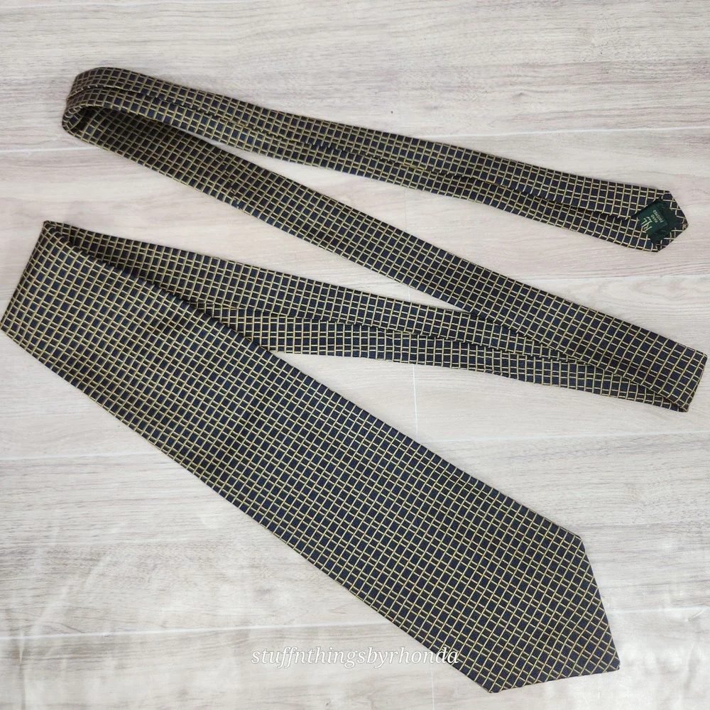 Lauren Ralph Lauren 100%‎ Silk Textured Men's NeckTie Navy With Yellow X-long